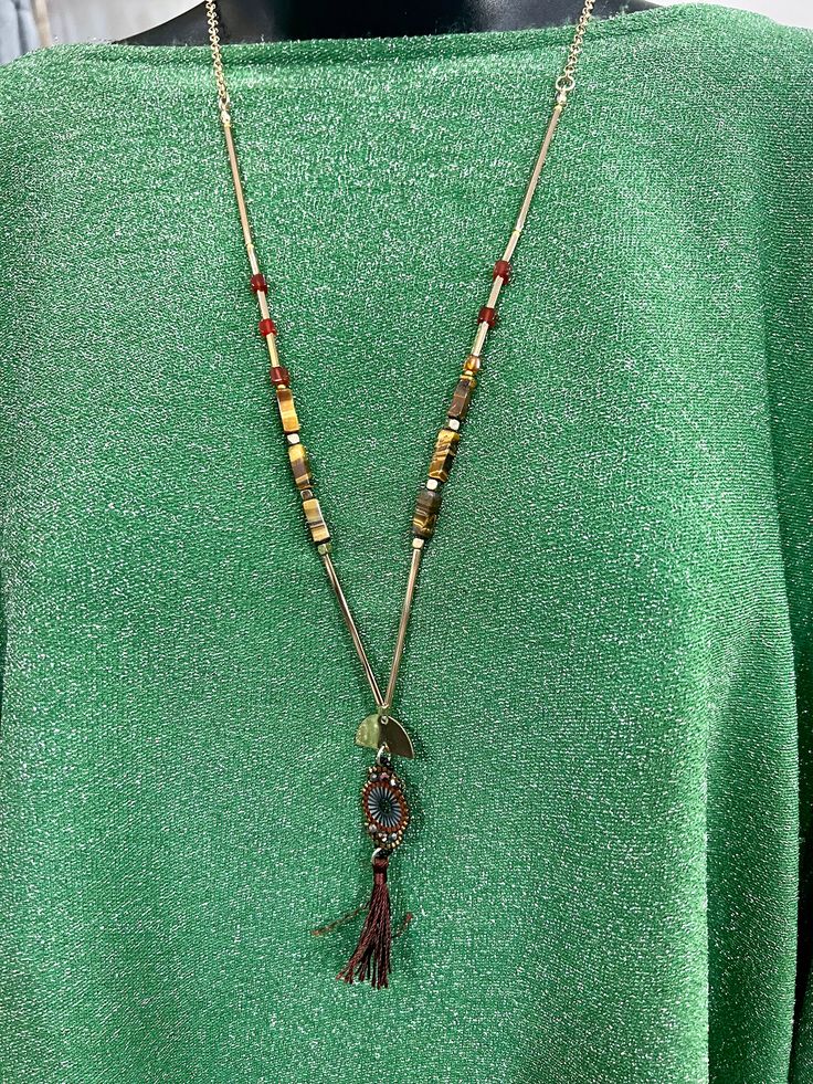 Carolyn Necklace Adjustable Tassel Necklace With Fringe For Festivals, Adjustable Fringe Tassel Necklace For Festival, Adjustable Bohemian Long Necklace With Tassels, Bohemian Long Necklace With Tassels, Bohemian Adjustable Tassel Necklace For Festivals, Adjustable Bohemian Tassel Necklace For Festivals, Adjustable Dangle Jewelry With Gold Beads, Spiritual Multi-strand Beaded Chain Necklace, Adjustable Bohemian Copper Necklace