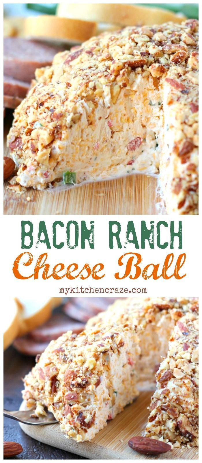 bacon ranch cheese ball on a cutting board with a slice cut out and ready to be eaten