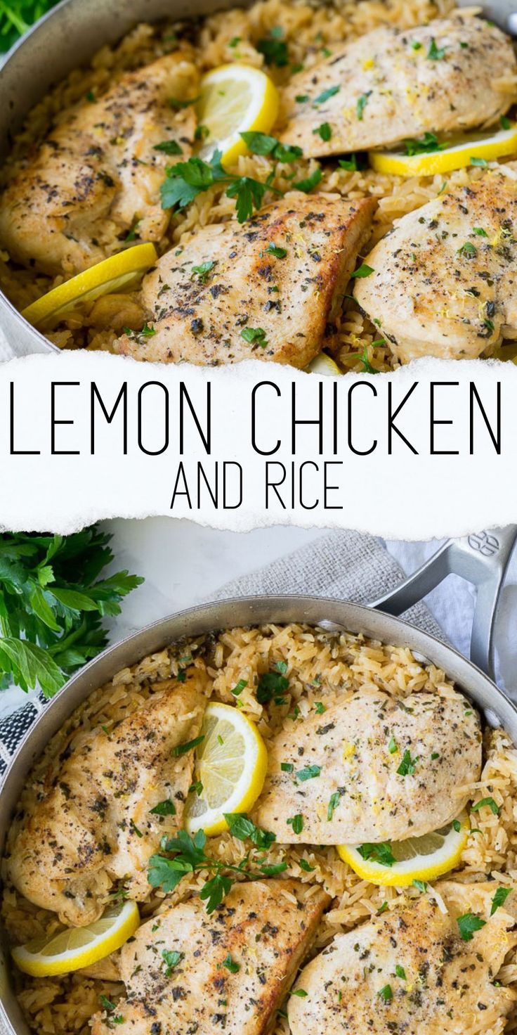 lemon chicken and rice in a skillet with parsley on the side for garnish