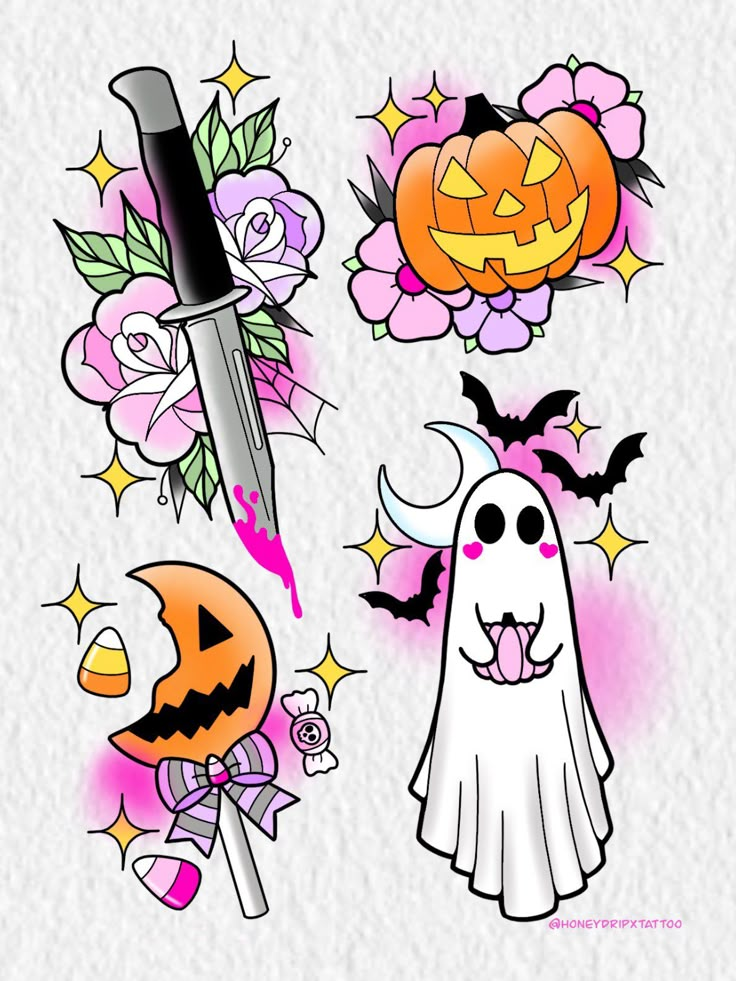 halloween clipart with ghost, pumpkins and flowers on white paper by creativeembellishments