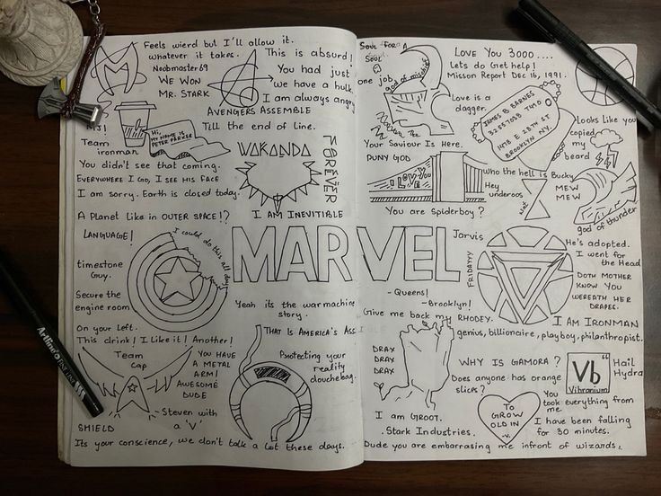 an open notebook with drawings on it and some writing in the pages that read'i love you, marvel '