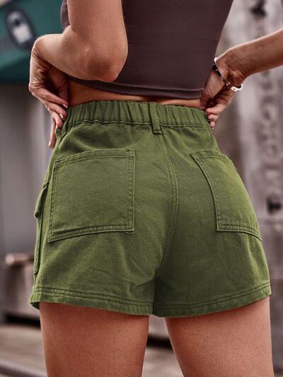 High Rise Utility Bottoms With Built-in Shorts, Casual Mid-rise Bottoms With Built-in Shorts, Casual Stretch Cotton Jean Shorts, High Waist Cotton Jean Shorts With Pockets, Mid-rise Shorts With Hip Pockets For Spring, High Waist Shorts With Hip Pockets For Spring, Stretch Mid-rise Shorts With Elastic Waistband, Spring Mid-rise Shorts With Hip Pockets, High Rise Cotton Jean Shorts With Cargo Pockets