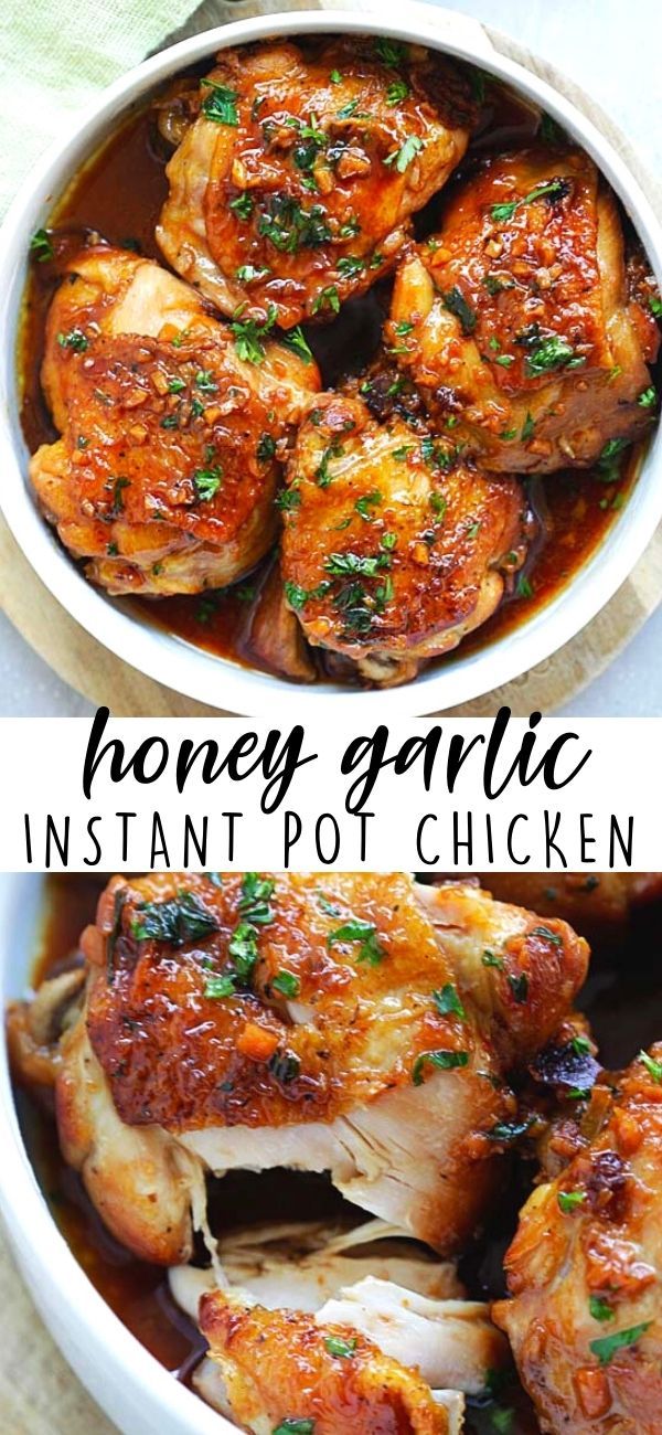 honey garlic instant pot chicken in a white bowl with text overlay that reads, honey garlic instant pot chicken