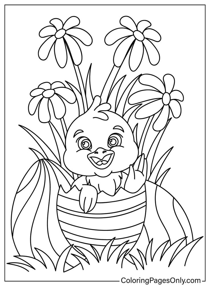 an easter bunny sitting in a basket with daisies on the ground coloring pages for kids