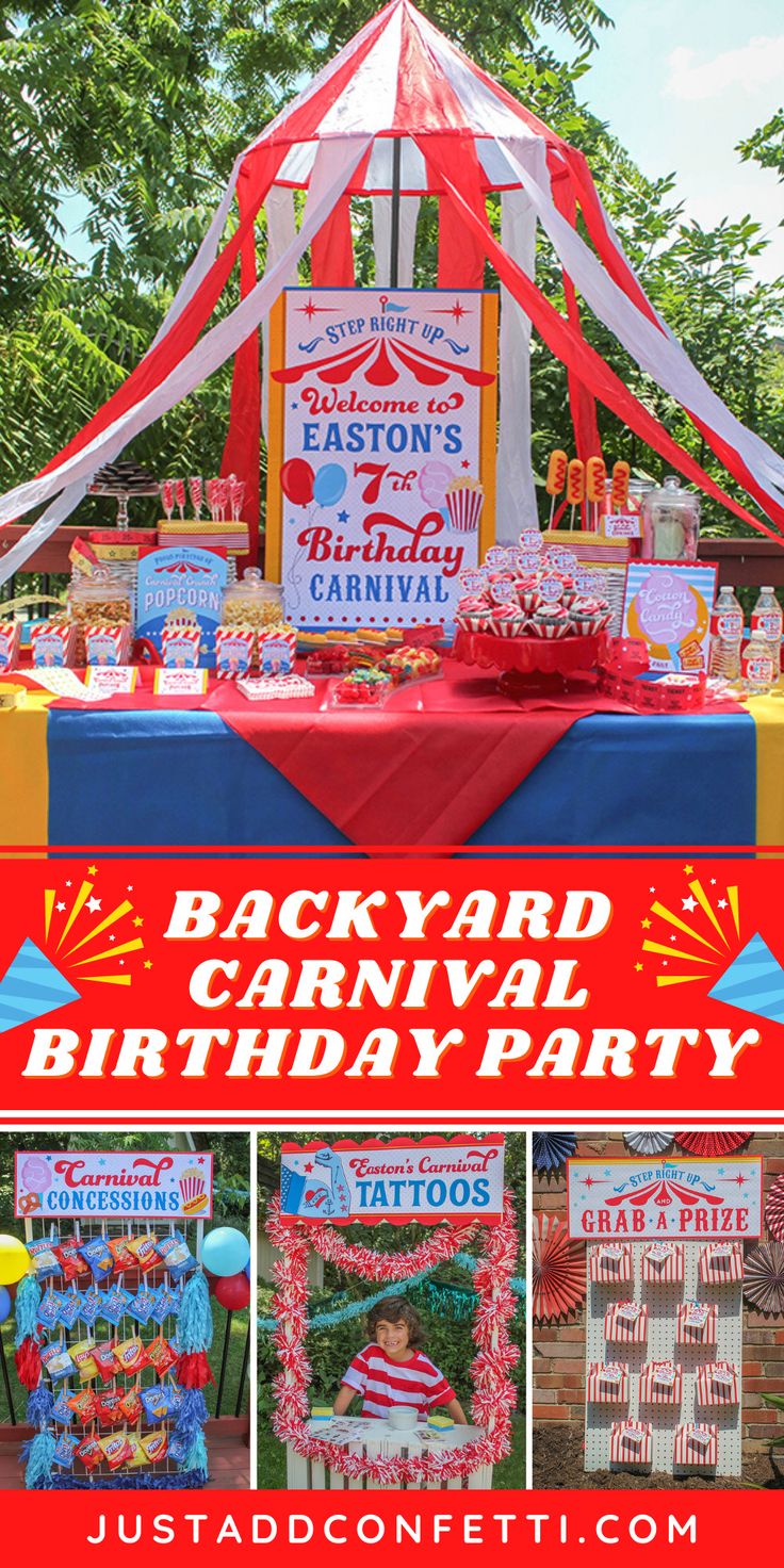 the backyard carnival birthday party is set up