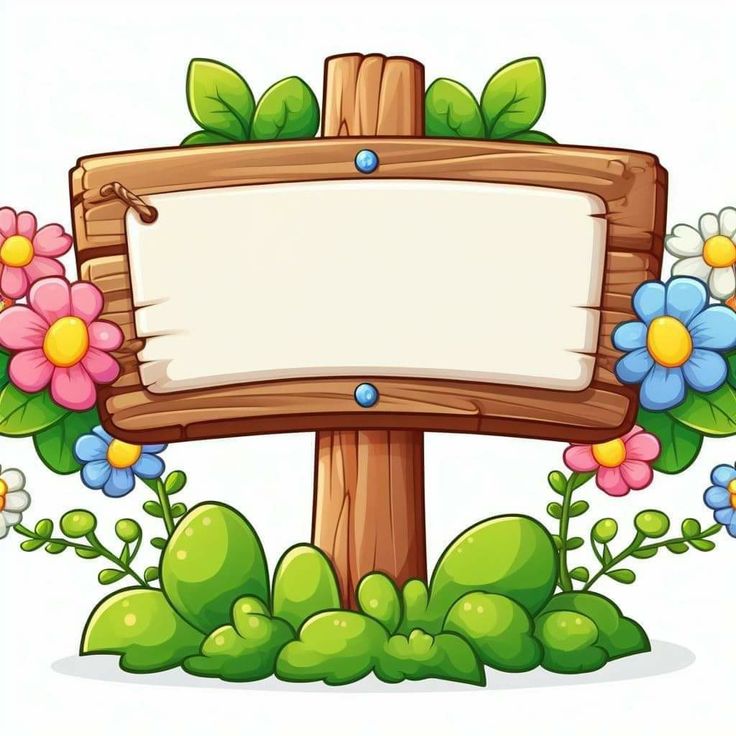 a wooden sign surrounded by flowers and leaves with a blank board in the middle on a white background