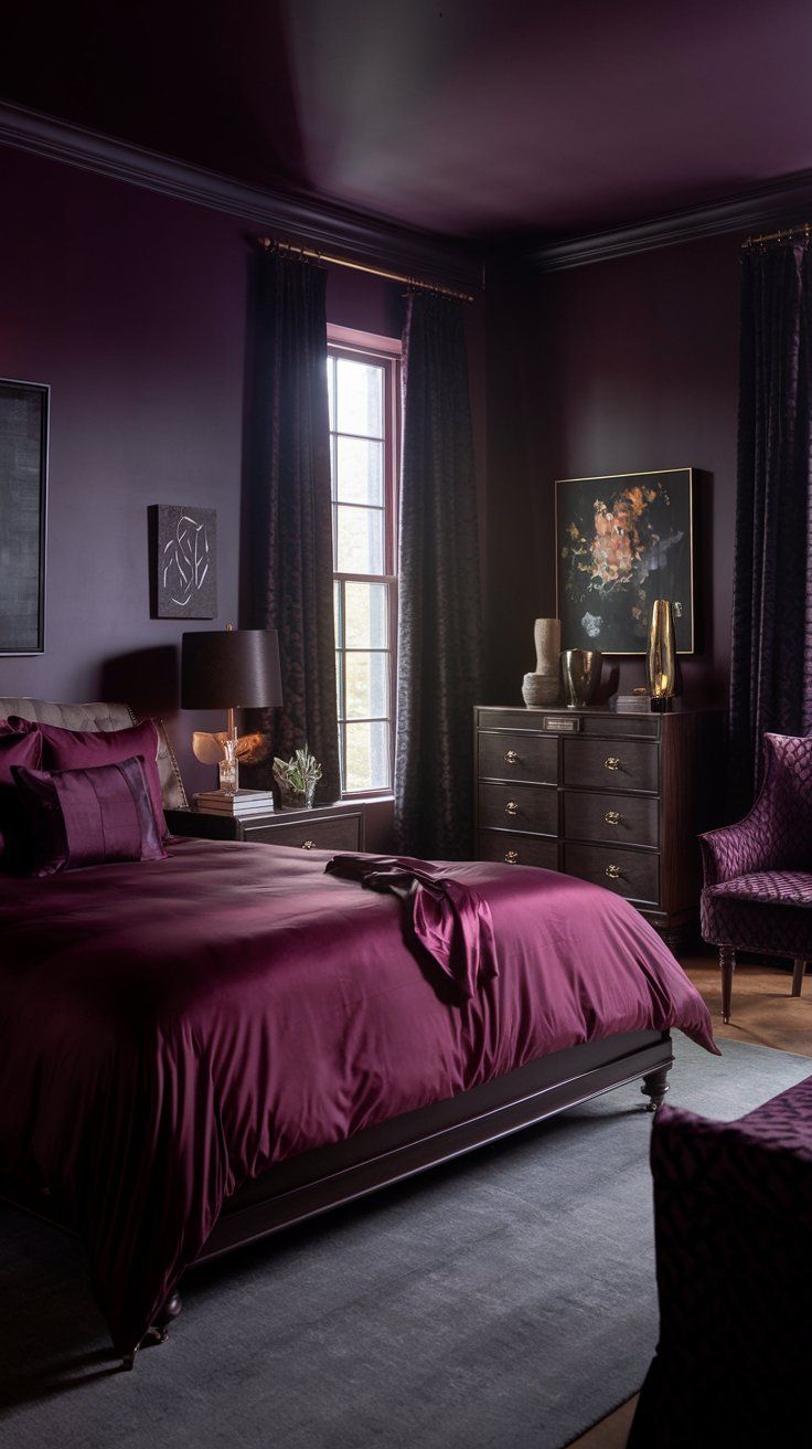 a bedroom with purple walls and furniture