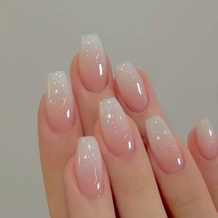 White Ombre Nails With Sparkle, Sparkly White Ombre Nails, Ombre French Manicure With Glitter, White Glitter Ombre Nails, Shimmer French Tip Nails, Bridal Nails Designs, Bridal Nail, Glitter French Manicure, Natural Ombre