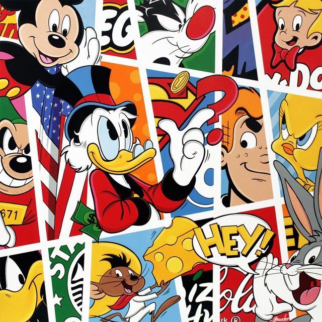 many different cartoon characters are shown together