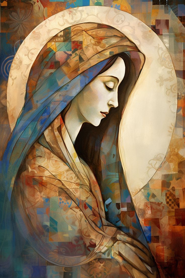 an abstract painting of a woman with her eyes closed and hands folded over her chest