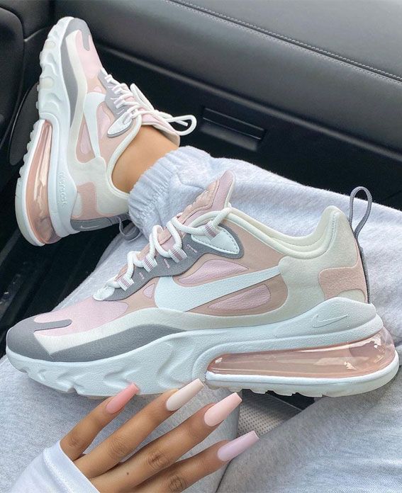 blush pink coffin nails, ombre pink nails, white sneakers, white nike air force one, nike air force one Sepatu Air Jordan, Wallpaper Nike, Jordan Shoes Girls, Air Max 270 React, 270 React, All Nike Shoes, Nike Air Shoes, Nike Shoes Air Max, Cute Nike Shoes