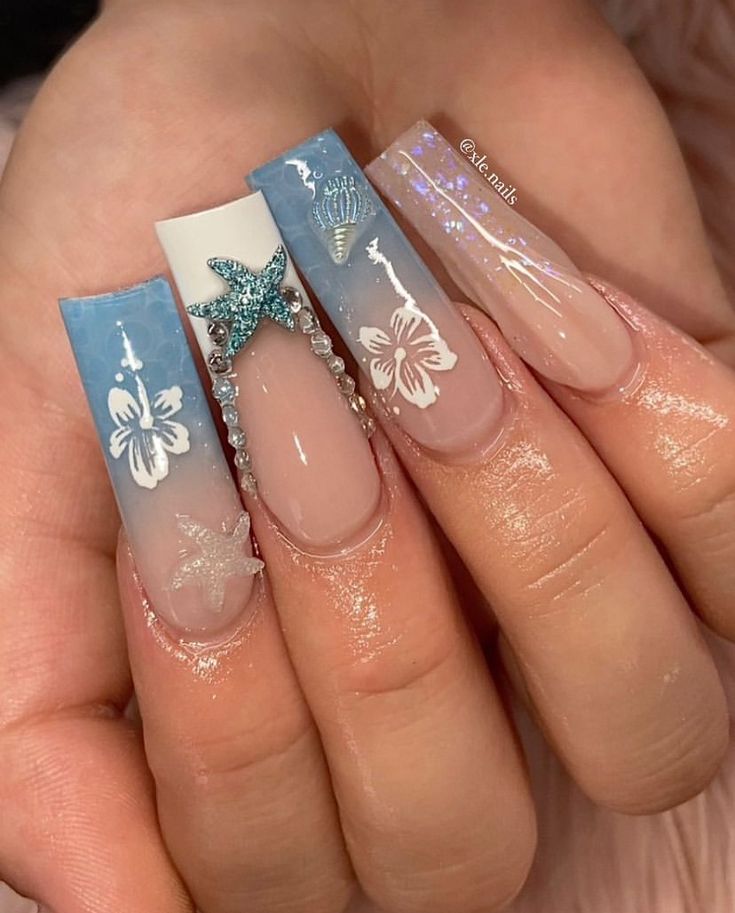 Beach Nails Acrylic Long, Square Ocean Nails, Ocean Summer Nails, Summer Water Nails, Tropical Nails Square, Water Theme Nails, Ocean Acrylic Nails, Blue Sea Nails, Bahamas Nail Ideas