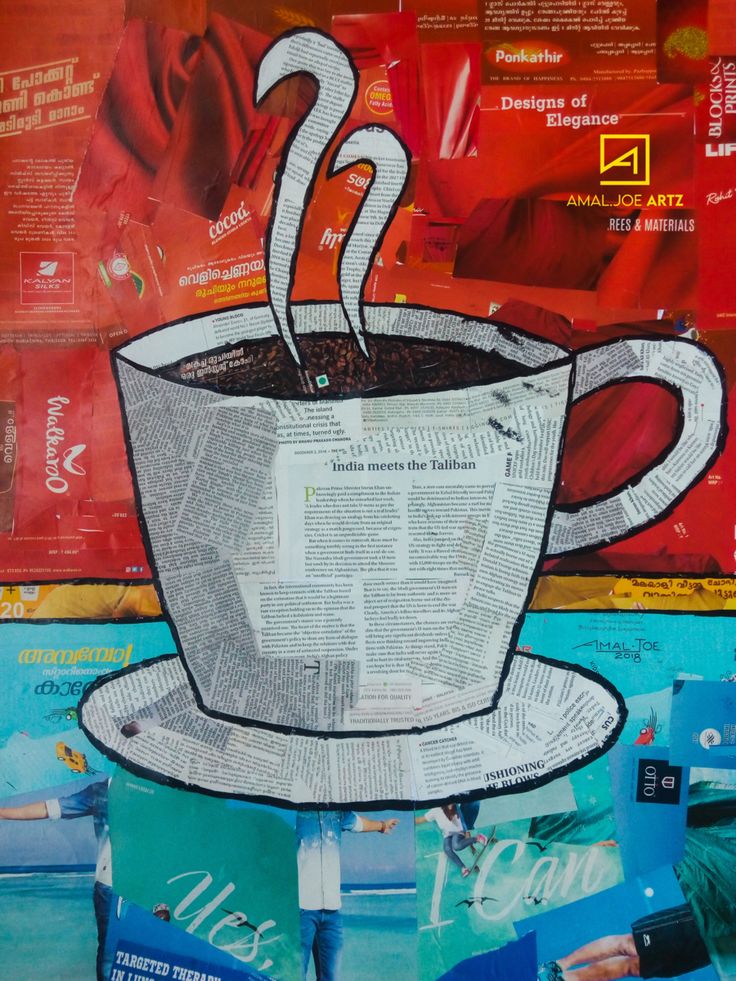 a painting of a newspaper with a cup of coffee in it