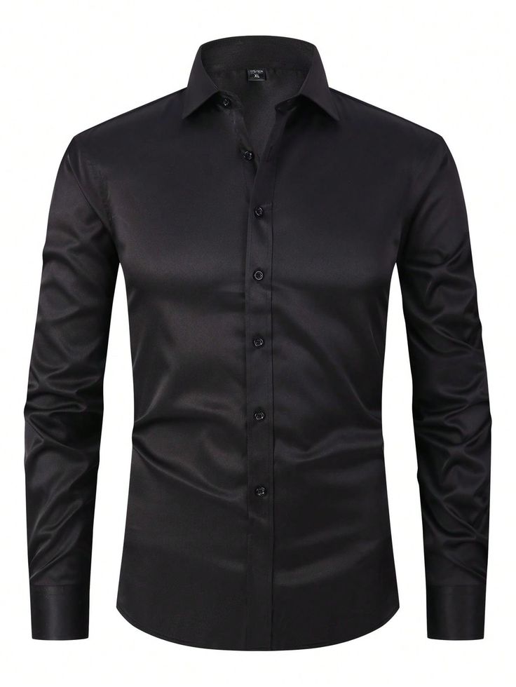 1pc Men's Casual Business Long Sleeve Shirt - Straight Shoulder Slim Fit, Wrinkle-Free, Suitable For Business, Commute, Casual Gathering, Dating - Great Gift Black Casual  Long Sleeve Woven Fabric Plain Shirt Slight Stretch  Men Clothing, size features are:Bust: ,Length: ,Sleeve Length: Mens Black Dress Shirt, Black Business Dress, Dress Shirts Men, Black Dress Shirt, Stylish Mens Suits, Slim Fit Mens Shirts, Mens Shirts Online, Satin Shirt Dress, Silk Satin Dress