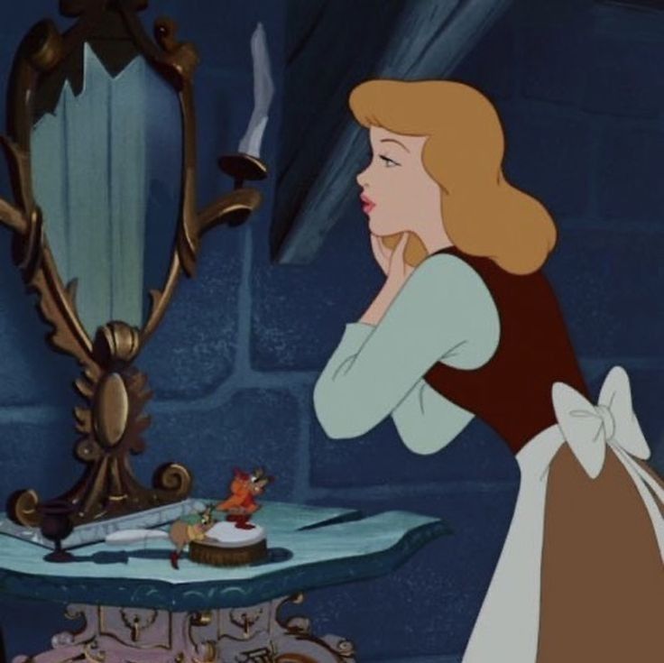 an animated image of a woman looking at herself in front of a mirror and cake