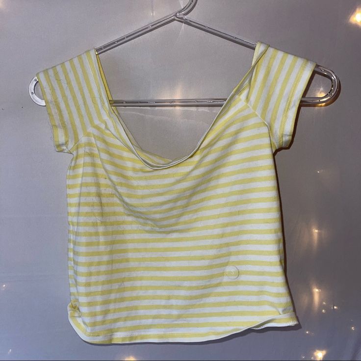 Nwt Never Worn, Pastel Yellow And White Stripes Make This Off The Shoulder Shirt A Nice Spring Piece! Fitted Yellow Summer T-shirt, Fitted Yellow T-shirt For Summer, Summer Striped Stretch Top, Trendy Yellow Stretch T-shirt, Yellow Stretch Casual T-shirt, Trendy Stretch Yellow T-shirt, Casual Yellow Stretch T-shirt, Yellow Stretch Short Sleeve Crop Top, Yellow Stretch Short Sleeve Top