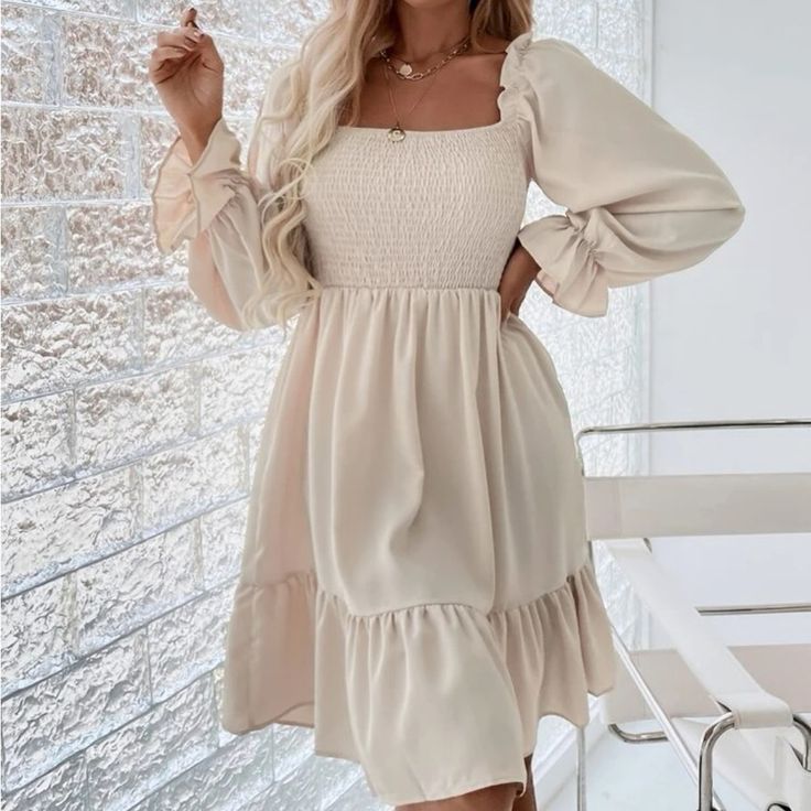 New Long Sleeve Ruffled Hem Dress Fits Bust 32-44 S,4,M,6 Fits Waist 26-28 Length 35” Fits Bust 32-48” L,8, 10 Fits Waist 29-31” Length 35.8” 100% Polyester Machine Washable Keywords: Vacation Winter Summer Spring Fall Luxury Chanel Ladies Woman’s Wear Winter All Season Shirts & Blouses Jersey Tops Party Day Going Out Shirts White Accessories Dress Style Cocktail Sleeves Cardigan Pair With Sweater Preppy Sexy Hot Boho Trendy Vogue Posh Sassy Girly Date Night Elegant Dressy Fashionable Chic Tombo Office Dresses For Women, Ruffle Hem Dress, Office Dresses, Flounce Sleeve, Daily Dress, Neck Ruffle, Solid Dress, Hem Dress, Winter Dresses