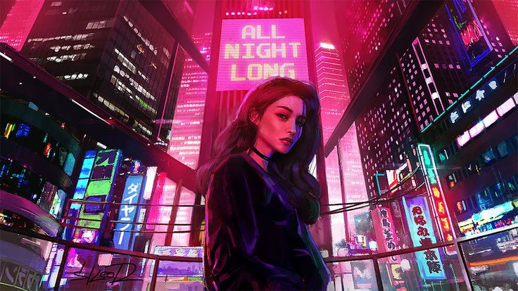 a woman standing in the middle of a city at night with neon lights all around her