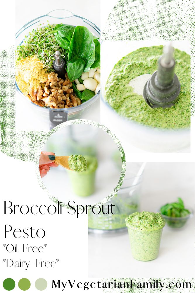 broccoli sprout pesto in a blender with other ingredients surrounding it