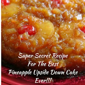 a pineapple upside down cake on a red plate with the words super secret recipe for the best