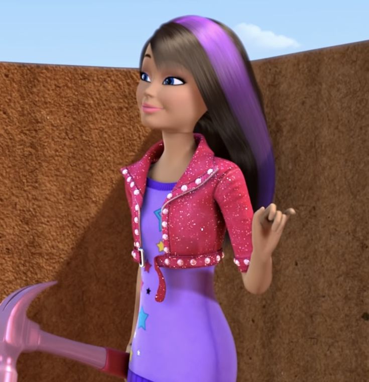 a cartoon girl with long purple hair holding a pink scooter next to a wall