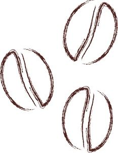 three coffee beans on a white background, drawn in brown and black ink by hand