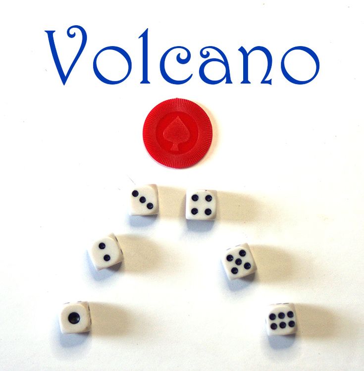 four dices are arranged in the shape of a pyramid with words vulcano above them