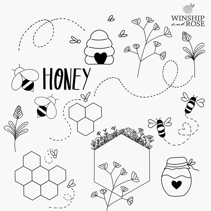 a black and white drawing of bees, honeycombs and flowers with the words honey on it