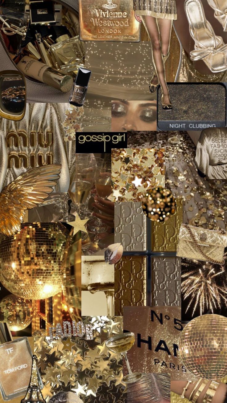 a collage of gold and silver items with the words gossipgirl on them, including shoes