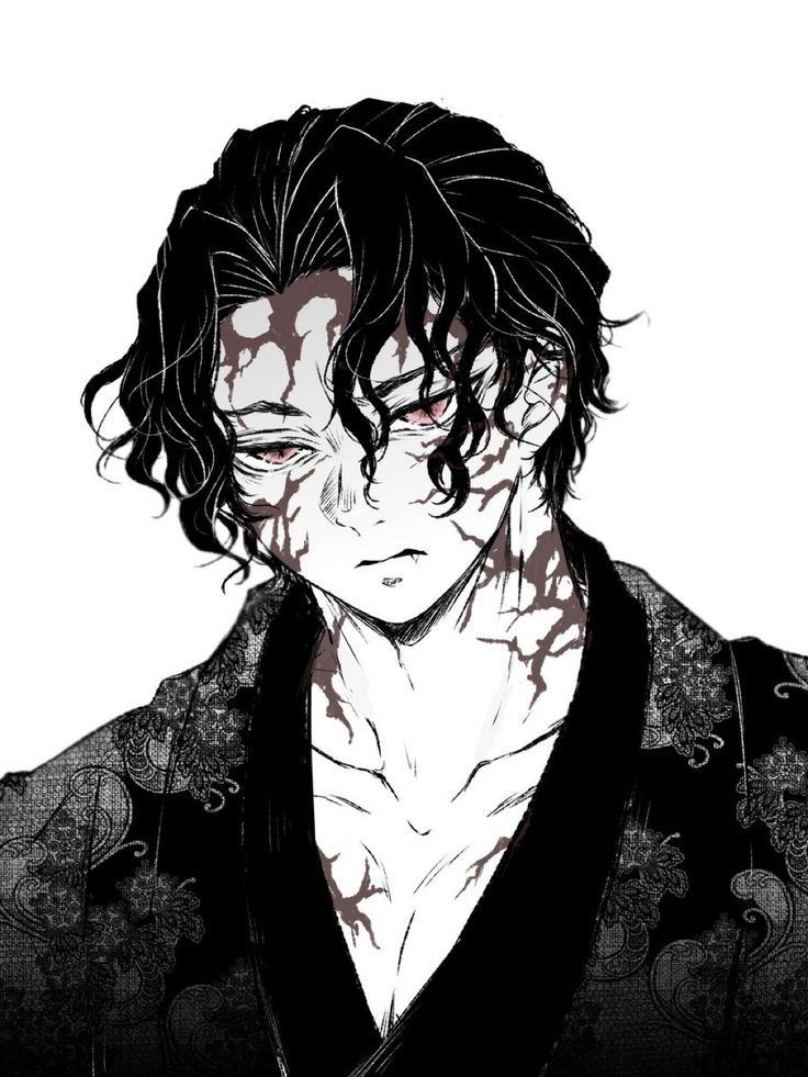 a drawing of a man with black hair and blood on his face