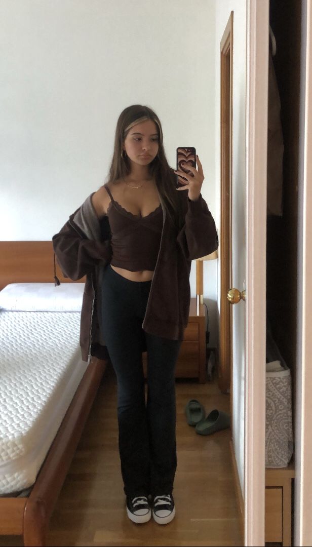 brown outfit brandy melville Outfits For Brown Converse, Brown Undershirt Outfit, Outfits To Wear With Brown Converse, How To Style A Brown Tank Top, Brown Cami Top Outfit, Outfits With Brown Top, How To Style A Brown Shirt, How To Style Brown Converse, How To Style Brown Shirt