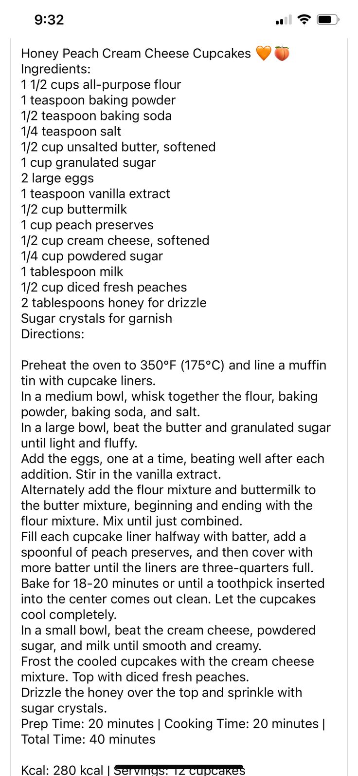 the recipe for honey peach cream cheese cupcakes is shown in this screenshot