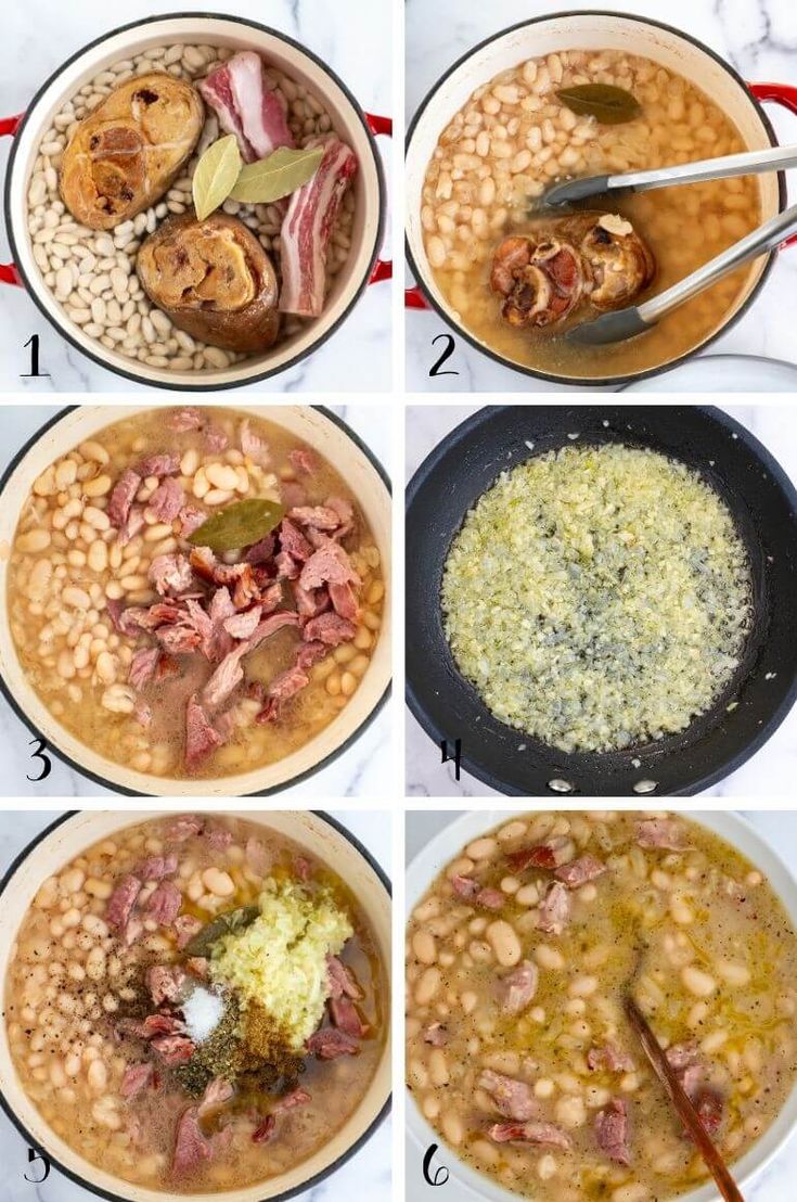 steps on how to make bean soup with ham and beans in a skillet or pot