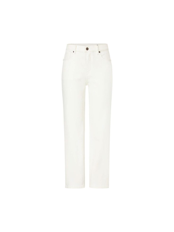 MO&Co. Women's Straight Mid Waist Jeans These jeans are a refinement of the classic denim style. Come with a retro-vibe white denim, they are shaped with a classic streamlined straight-cut silhouette but are added with extra softness and comfort from a cotton and cashmere blend. Either wear them for an elevated business day or style them for a casual street fashion moment, they will go with everything. Features : - Classic straight-cut silhouette - Five-pockets design Code: MBC4JEN023The back le White Straight Fit Jeans With Straight Hem, White Fitted Straight Jeans, White Straight Fit Jeans, White Cropped Jeans With Five Pockets And Straight Hem, Fitted White Cropped Jeans For Fall, Modern Mid-rise White Pants, Elegant White Bottoms With Five Pockets, Modern White Mid-rise Pants, Modern White Spring Jeans