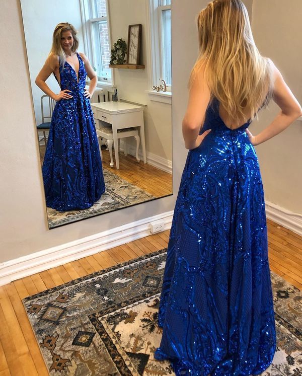 Blue V-neck Prom Gown, Blue V-neck Dress For Prom Season, Blue V-neck Dress For Banquet, Blue V-neck Evening Dress For Prom Season, Blue V-neck Evening Dress For Prom, Blue V-neck Backless Dress For Party, Royal Blue V-neck Evening Dress For Party, Blue V-neck Gown For Prom Season, Blue Backless Dress For Banquet