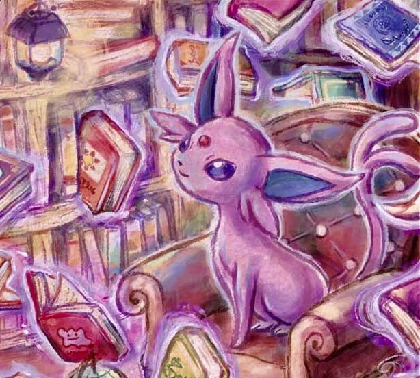 a painting of a pink bunny sitting on a chair in front of bookshelves