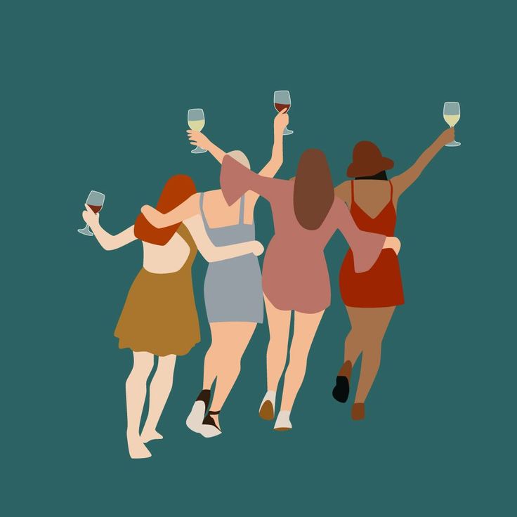 Digital vector illustration featuring a group of female friends each holding a glass of wine. Commission for Coffee to Wine, a fun lifestyle brand for moms. 4 Women Friends, Drawings Of Friends Group Of 4, Four Friends Illustration, Group Of Women Illustration, Two Friends Illustration, Illustration Art Friends Group, Four Friends Drawing, 4 Friends Aesthetic, 4 Friends Illustration