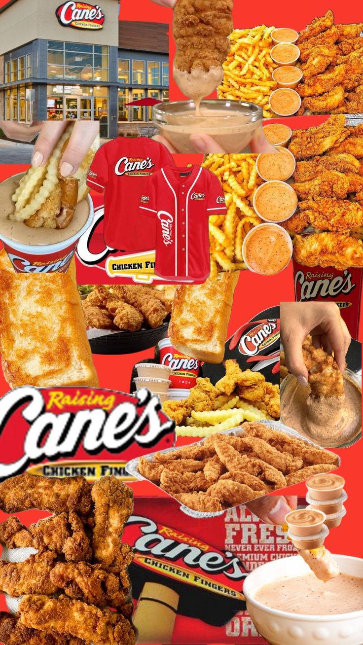 a collage of food items including fried chicken, french fries, and other condiments