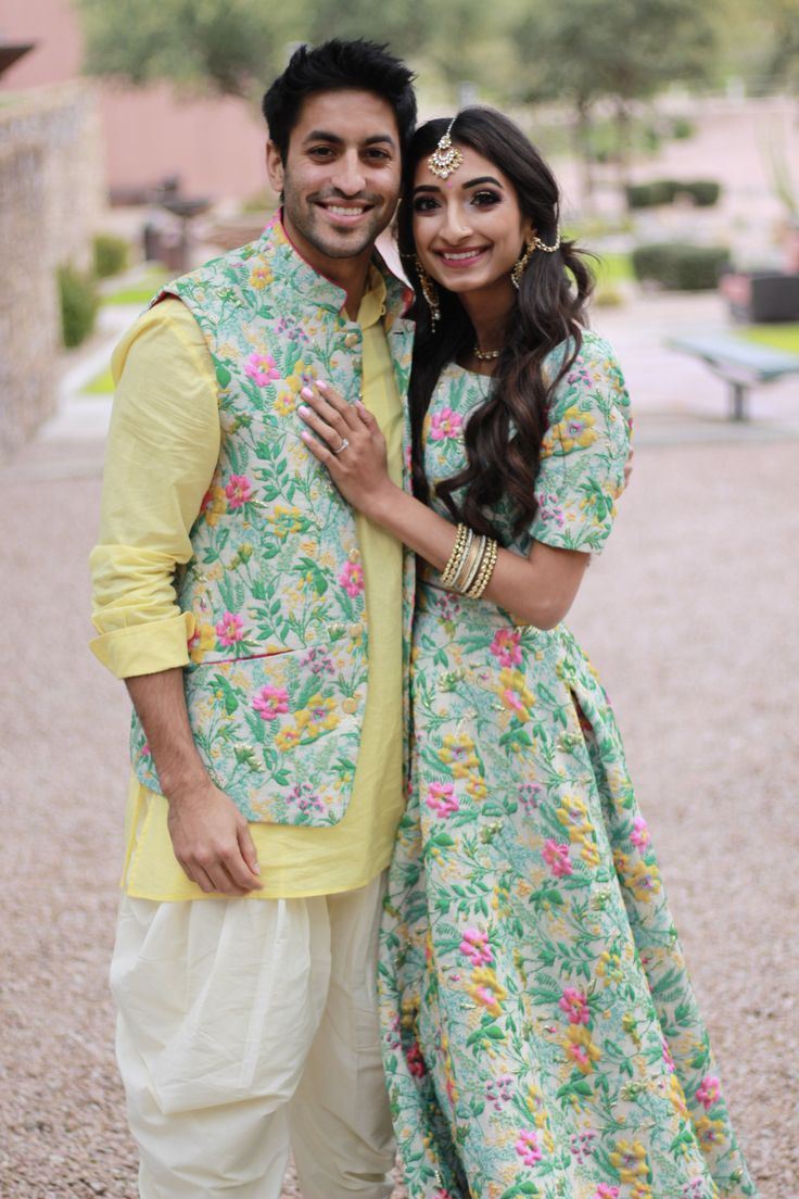 Jungle Jacquard Lehenga Outfit and Yellow Kurta and Jungle Jacquard Vest by Harleen Kaur. SAMEERA crop top is designed with short sleeves and is paired with the NEELA Jungle Jacquard lehenga skirt. A high waisted  skirt, both perfect for a south asian wedding outfit. ARJUN jungle jacquard vest is styled with a yellow cotton kurta. A sharp and stylish way to stay comfortable during a hectic wedding weekend! Mix and match these pieces for endless outfit options to wear from event to event! Couple Outfits Matching For Wedding, Bride Groom Matching Outfits, Jacquard Lehenga, Lehenga Outfit, Wedding Matching Outfits, Couple Dresses, Groom Dress Men, Yellow Kurta, Haldi Outfits