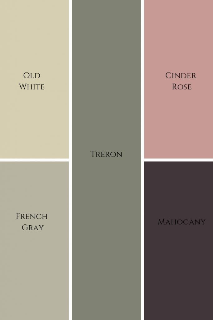 four different shades of grey, pink and green with the words'old white'in black