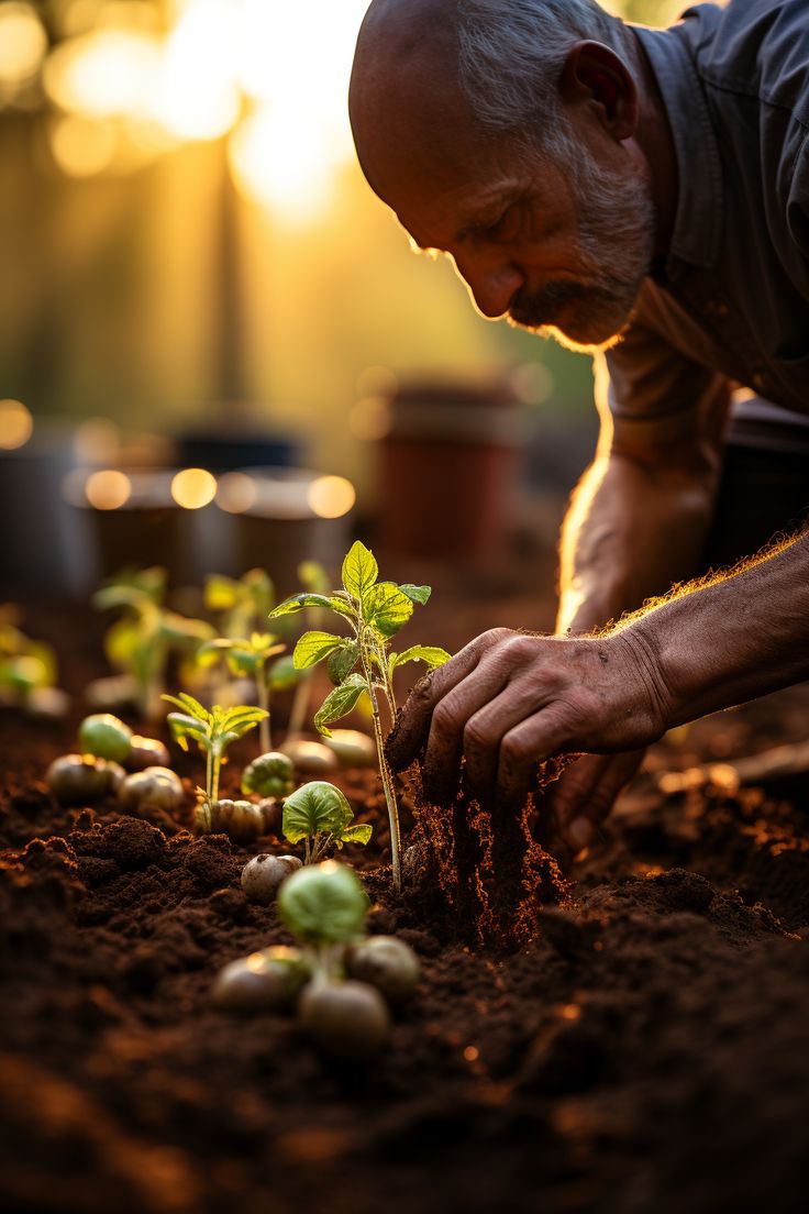 an older man is tending to plants in the dirt with sunlight shining through the window behind him