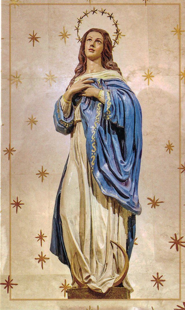 an image of the statue of mary in blue and white with gold stars around it