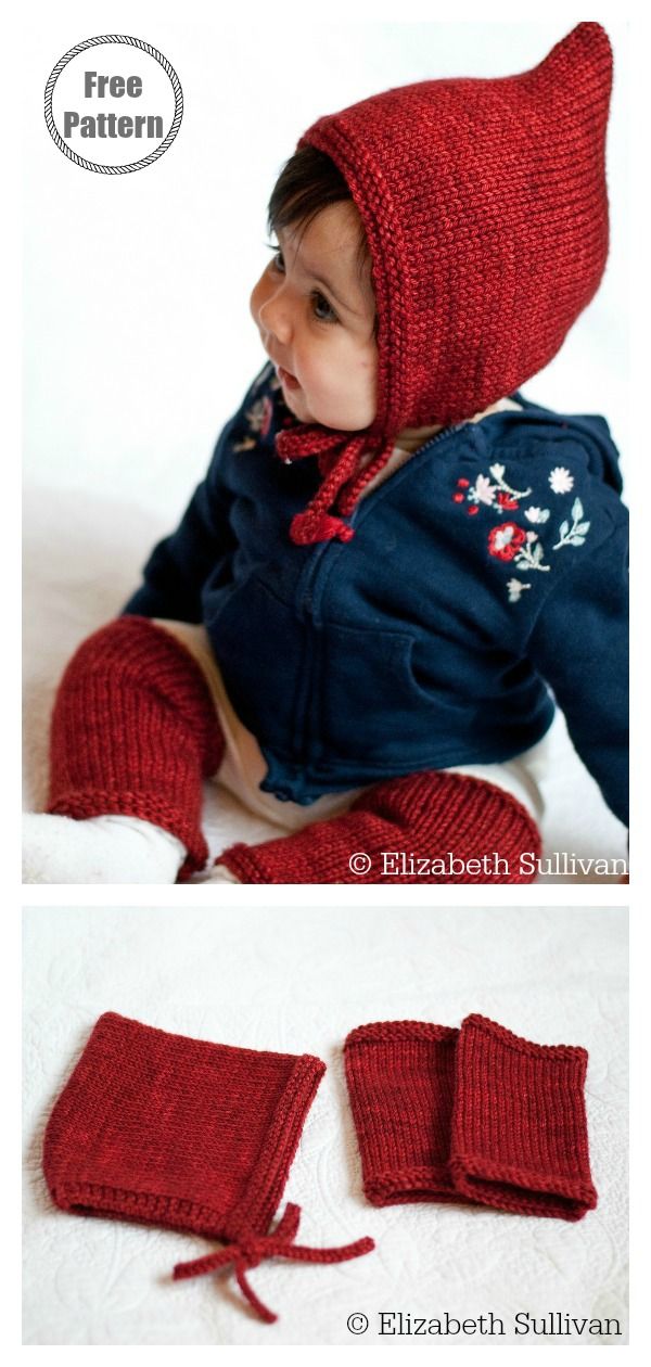 a baby wearing a red knitted hat and mittens with matching gloves on it