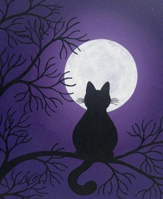 a painting of a cat sitting on a tree branch with the moon in the background