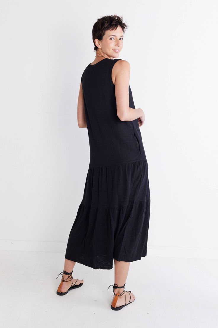 A timeless and feminine staple characterized by delicate pleats, style this dress with heels or flats to dress it up or keep it more casual and relaxed with some sneakers. Sleeveless Pleated design Maxi length Side pockets Oversized fit Casual Midi Dress For Daywear, Casual Relaxed Fit Maxi Dress, Black Relaxed Fit Midi Dress For Casual Wear, Black Relaxed Fit Midi Dress Casual, Black Relaxed Fit Midi Dress Casual Style, Casual Black Relaxed Fit Midi Dress, Summer Sleeveless Midi Dress With Pleated Hem, Sleeveless Summer Midi Dress With Pleated Hem, Casual Sleeveless Relaxed Fit Maxi Dress