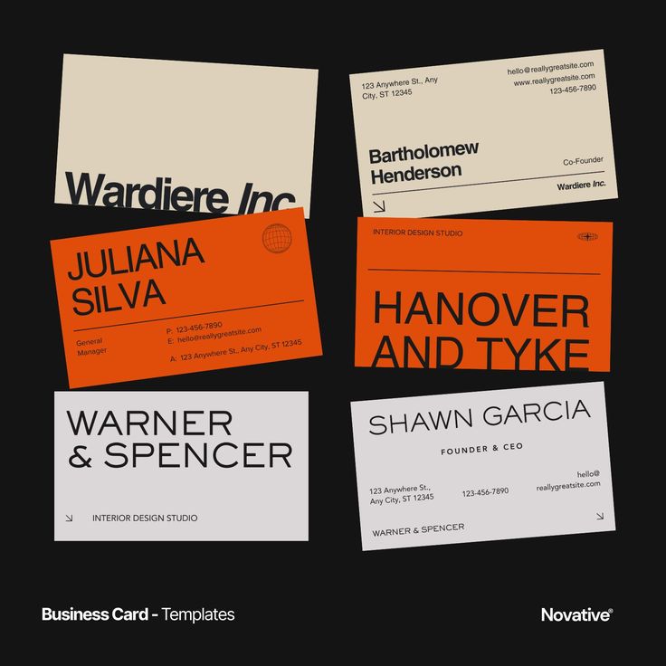 four business cards with orange and black text