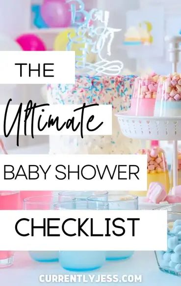 the ultimate baby shower checklist with lots of colorful food and decorations on it, including cake