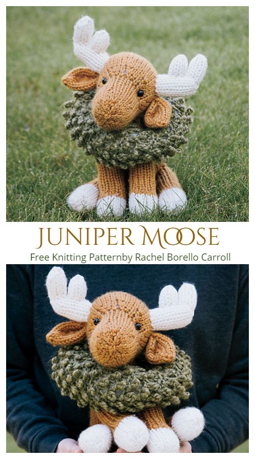 two pictures of stuffed animals in the grass with text overlay that reads, jumper moose free knitting pattern by rachel bosselo carol