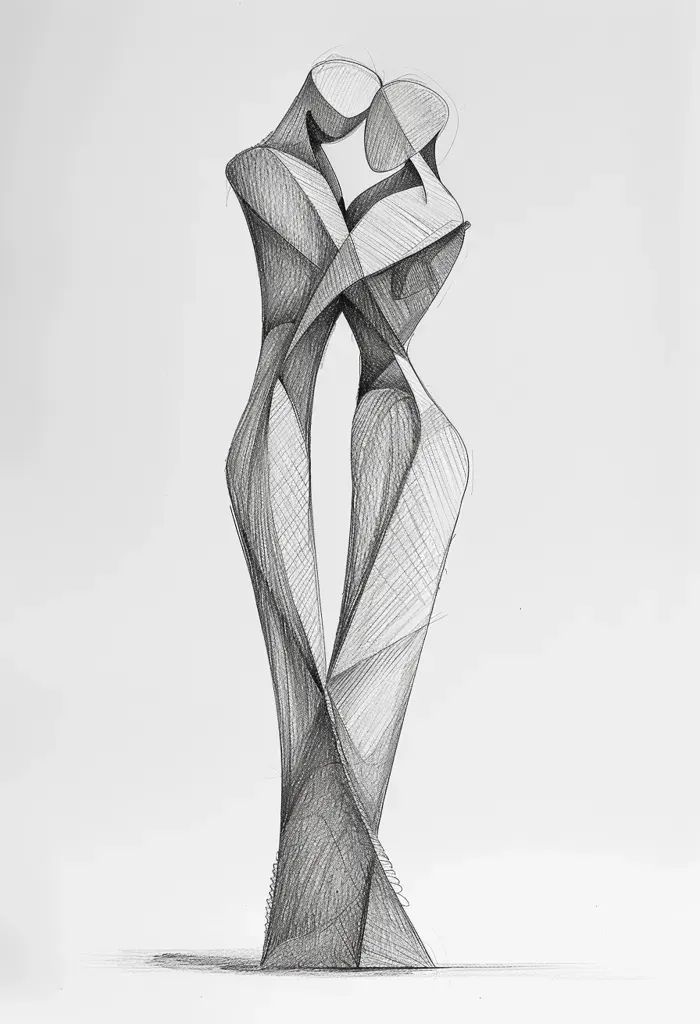 a black and white drawing of an abstract figure with wavy lines on the body, against a light gray background