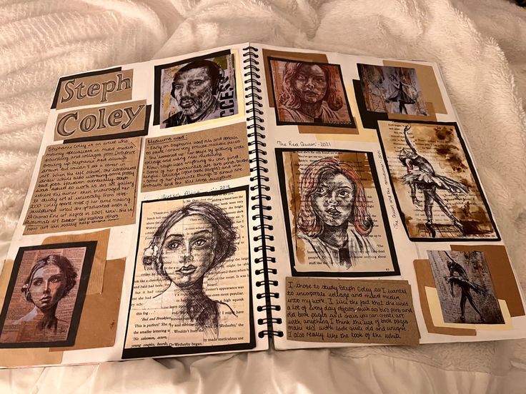 A range of portraits are placed in a sketchbook. They are all completed in watercolour and coffee. Tom Phillips Artist Research Page, John Piper Artist Research Page, Art Sketchbook Presentation, Photography Artist Research Page, Artist Introduction Layout, Art Gcse Artist Research Page Layout, Gcse Reaserch Page Art, Fonts For Gcse Art, Oil Pastel Gcse Art Page